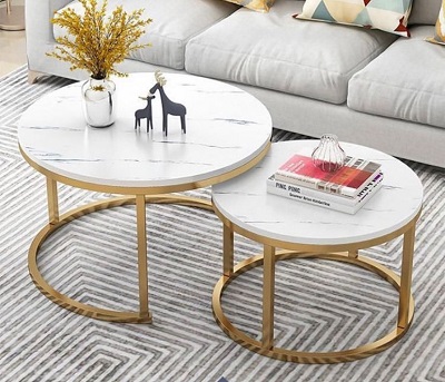 WHITE ROUND MARBLE TOP CENTRE TABLE WITH GOLDEN BASE & 3 SIDE STOOLS (NWAFU)