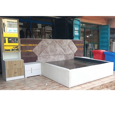 WHITE & LIGHT BROWN BED FRAME WITH BEDSIDE STOOLS & DRESSING (BENFU)
