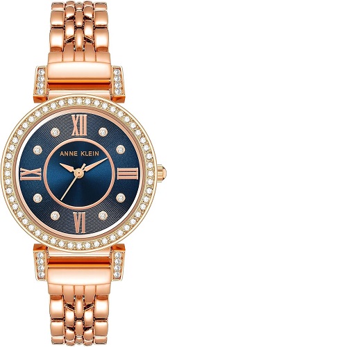 ANNE KLEIN AK/2928NVRG WOMEN’S CRYSTAL ACCENTED ROSE GOLD BLUE DIAL BRACELET WATCH - deluxe.com.ng