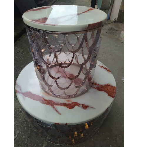 QUALITY DESIGNED WHITE& BROWN MARBLE TOP BASKET SHAPED CENTER TABLE & 2 SIDE STOOLS - (JAFU) - deluxe.com.ng