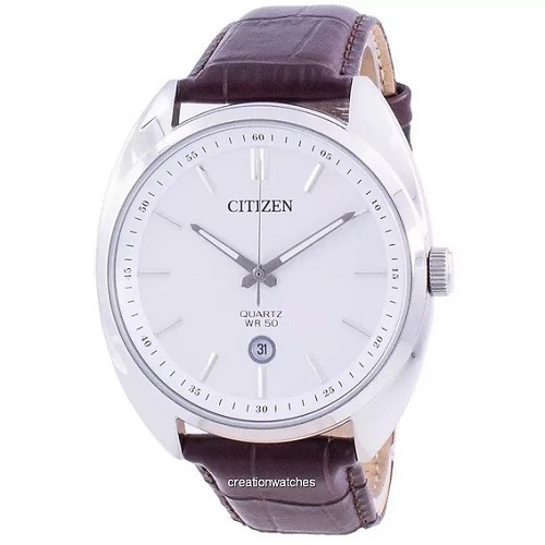 CITIZEN BI5090-09A MEN’S ANALOG WHITE DIAL BROWN LEATHER WATCH- deluxe.com.ng