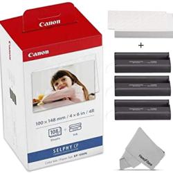 Canon KP-108IN / KP108 Color Ink Paper includes 108 Ink Paper sheets + Ink toners for Canon Selphy CP1300, Selphy CP1200, Selphy CP910, Selphy CP900, cp770 and cp760 + HeroFiber Gentle Cleaning Cloth- deluxe.com.ng