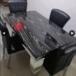 BLACK & WHITE MARBLE TOP CENTER TABLE, SILVER LEGS BY 4 CHAIRS (1530)