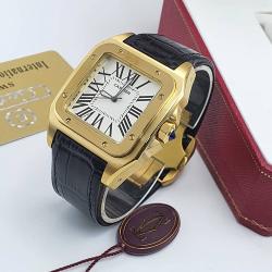 CARTIER EXCLUSIVE DESIGNERS WRISTWATCH BLACK LEATHER WITH GOLDEN FRAME AND SQUARE HEAD AND ROMAN NUMERALS (GAWA) - DELUXE.COM.NG