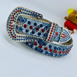 EXQUISITE LIGHT BLUE LEATHER BELT WITH RED & NAVY BLUE SHINY STONES