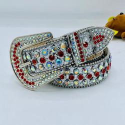 EXQUISITE SILVER LEATHER BELT WITH RED, BLUE & YELLOW SHINY STONES