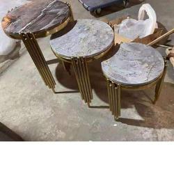 QUALITY DESIGNED WHITE ROUND MARBLE TOP & GOLDEN FRAME 2 PIECES OF CENTER TABLE - AVAILABLE (JAFU)