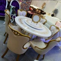 WHITE & GOLDEN DESIGN ROUND MARBLE TOP DINING TABLE BY 6 CREAM CHAIRS (1530)